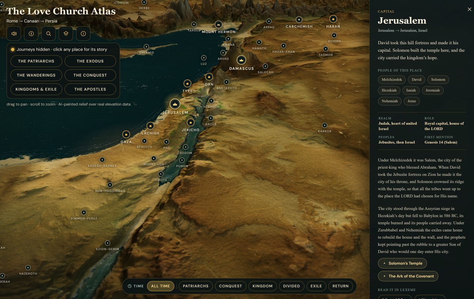 The Atlas showing the Levant in painted relief, with Jerusalem's place card open: people of this place, realm, role, story, and Scripture links.