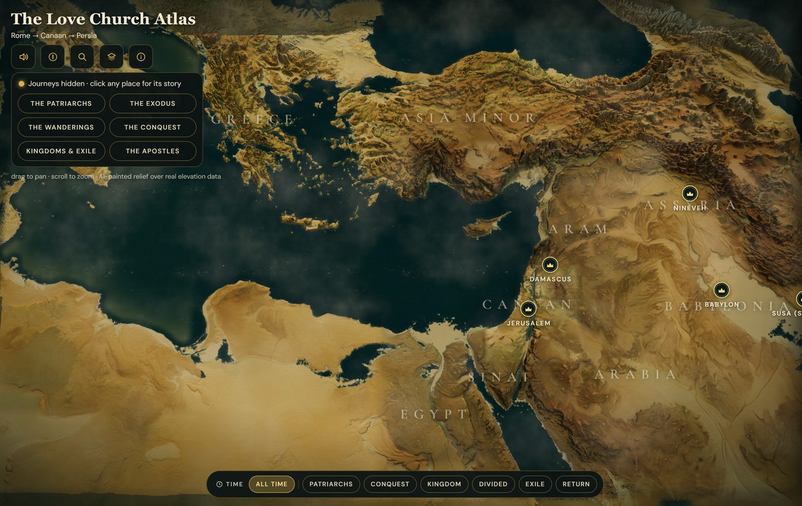 The whole biblical world in the Atlas, Greece to Persia in painted relief, with the journey picker open.
