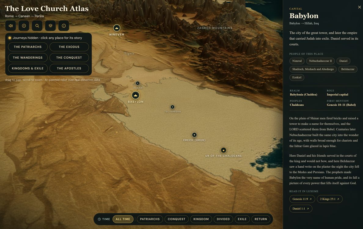 Babylon's place card open over the plain of Shinar, naming Nimrod, Nebuchadnezzar II, and Daniel.
