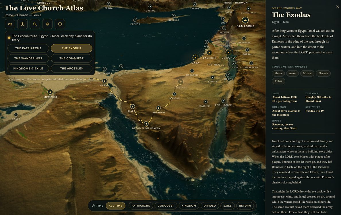 The Exodus route drawn in gold across Egypt and Sinai, with the journey's story panel open.